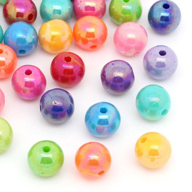 約8mm アソート50個入 アクリルビーズ 球形 ABカラー 穴約2.5mm
