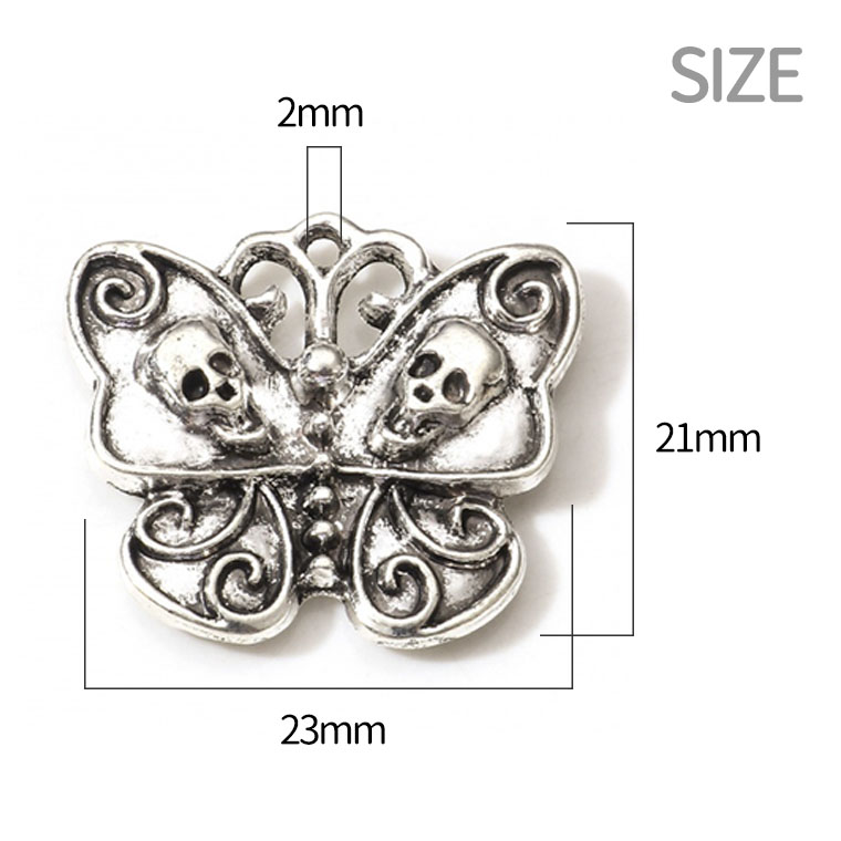 26mm×12mm 2個入 メタルチャーム バタフライスカル シルバー 穴2mm