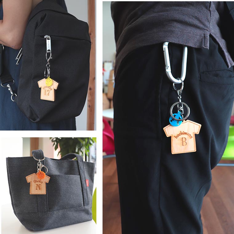 サッカー バスケ 野球 Tシャツキーホルダー 木製 チャーム付き 6cm