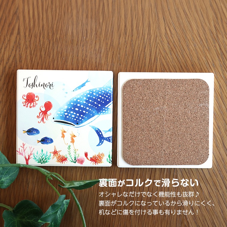 名入れ 珪藻土 コースター 正方形 ペア 海の生き物 アンシャンテラボ