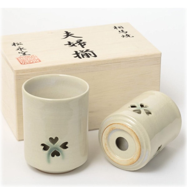 大堀相馬焼 松永窯 木箱入り夫婦二重湯呑み(アイボリー 100cc/130cc) ペアセット