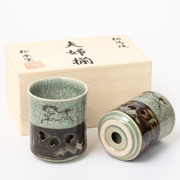 大堀相馬焼 松永窯 木箱入り夫婦二重湯呑み(青ひび 2.2寸/2.4寸)ペアセット