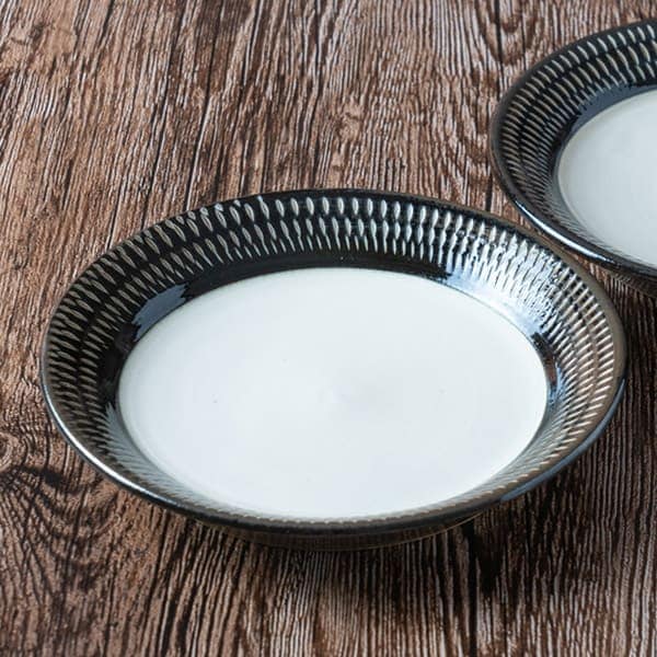 小石原焼 カネハ窯 飛び鉋プレート【大】（黒×白ツヤ）