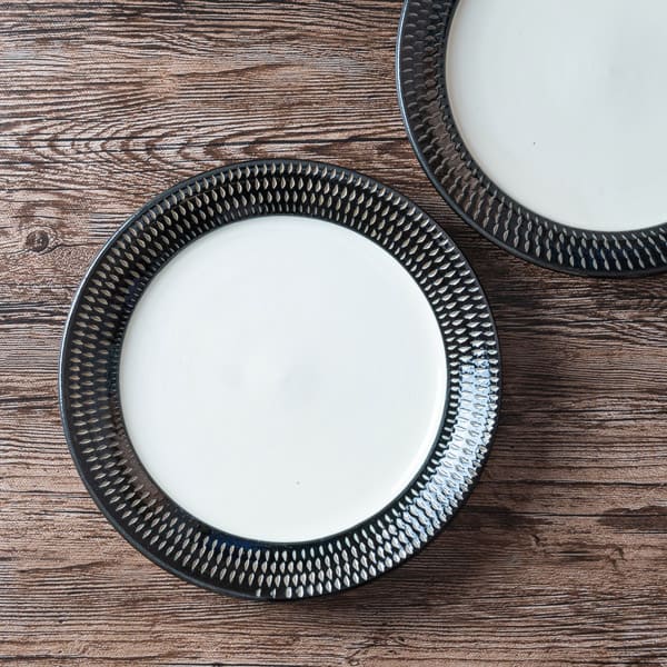 小石原焼 カネハ窯 飛び鉋プレート【大】（黒×白ツヤ）