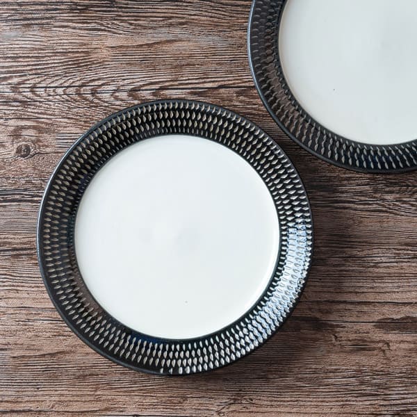 小石原焼 カネハ窯 飛び鉋プレート(黒×白ツヤ)【小】