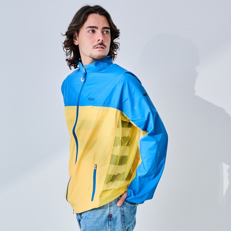 【急な雨に対応！】　2WAYサンブロックUVメッシュパーカー撥水マント付　【ブルー×イエロー】