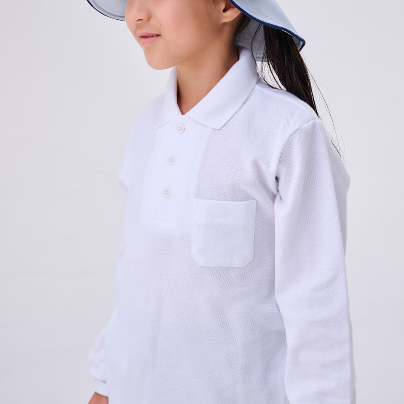 【UVカット率99％】ポロシャツ長袖　ホワイト　140・150ｃｍ　きちんと感ある学校での紫外線対策