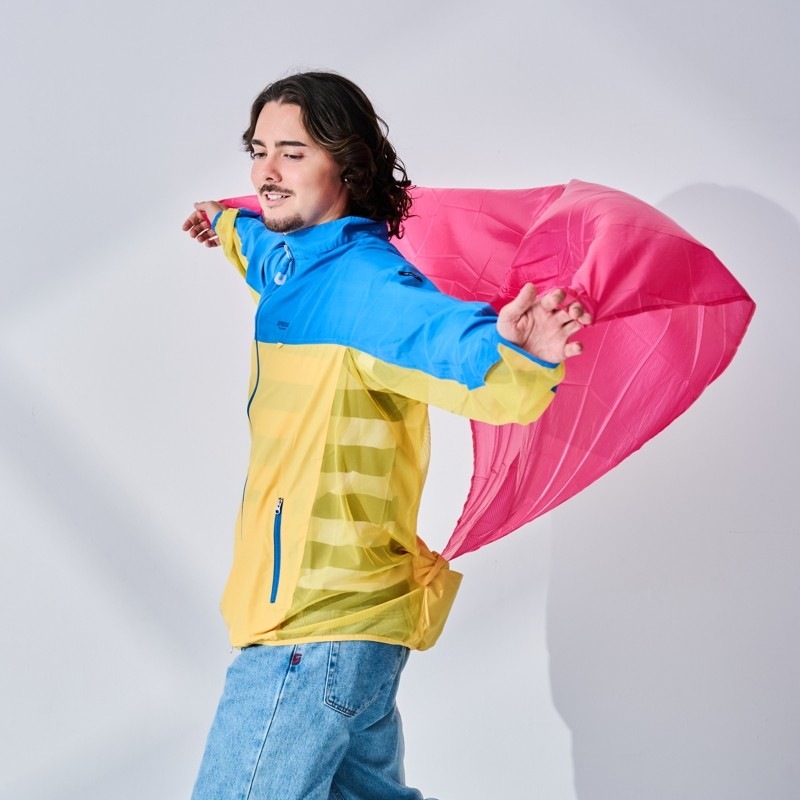 【急な雨に対応！】　2WAYサンブロックUVメッシュパーカー撥水マント付　【ブルー×イエロー】