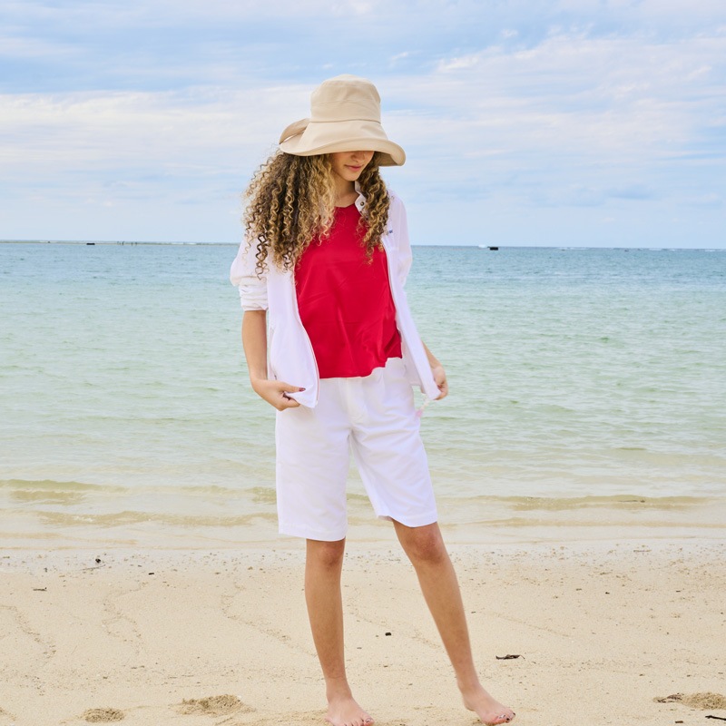 紫外線対策　リボンつきミドルパンツ