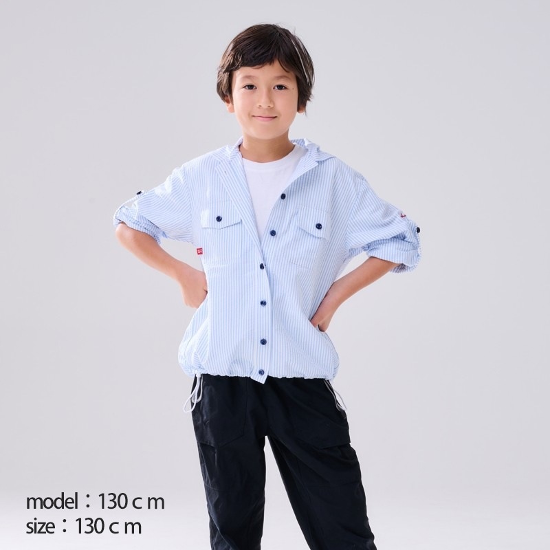 お品切れ　UVカットストライプシャツパーカー　ブルー　子供用　紫外線対策