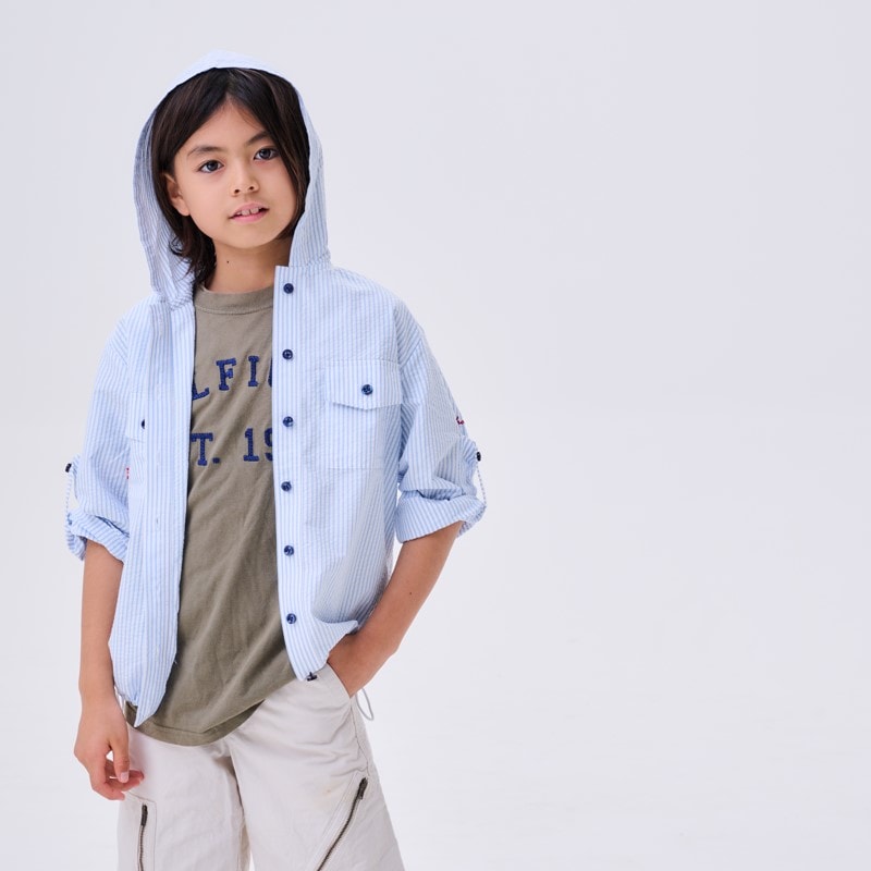 お品切れ　UVカットストライプシャツパーカー　ブルー　子供用　紫外線対策