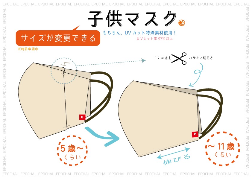 お品切れ　【特許申請中】サイズが変更できるUVカット子供マスク　（幼児・小学生用）　お肌の紫外線対策