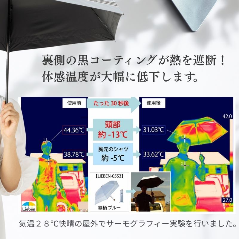 UV遮熱遮光三つ折り傘　晴雨兼用　ボーダーリボン ホワイト　50ｃｍ