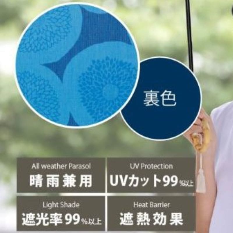 晴雨兼用日傘2段ミニ折りたたみ傘 ピンポンマム(青藍/せいらん) 50cm 遮熱・遮光