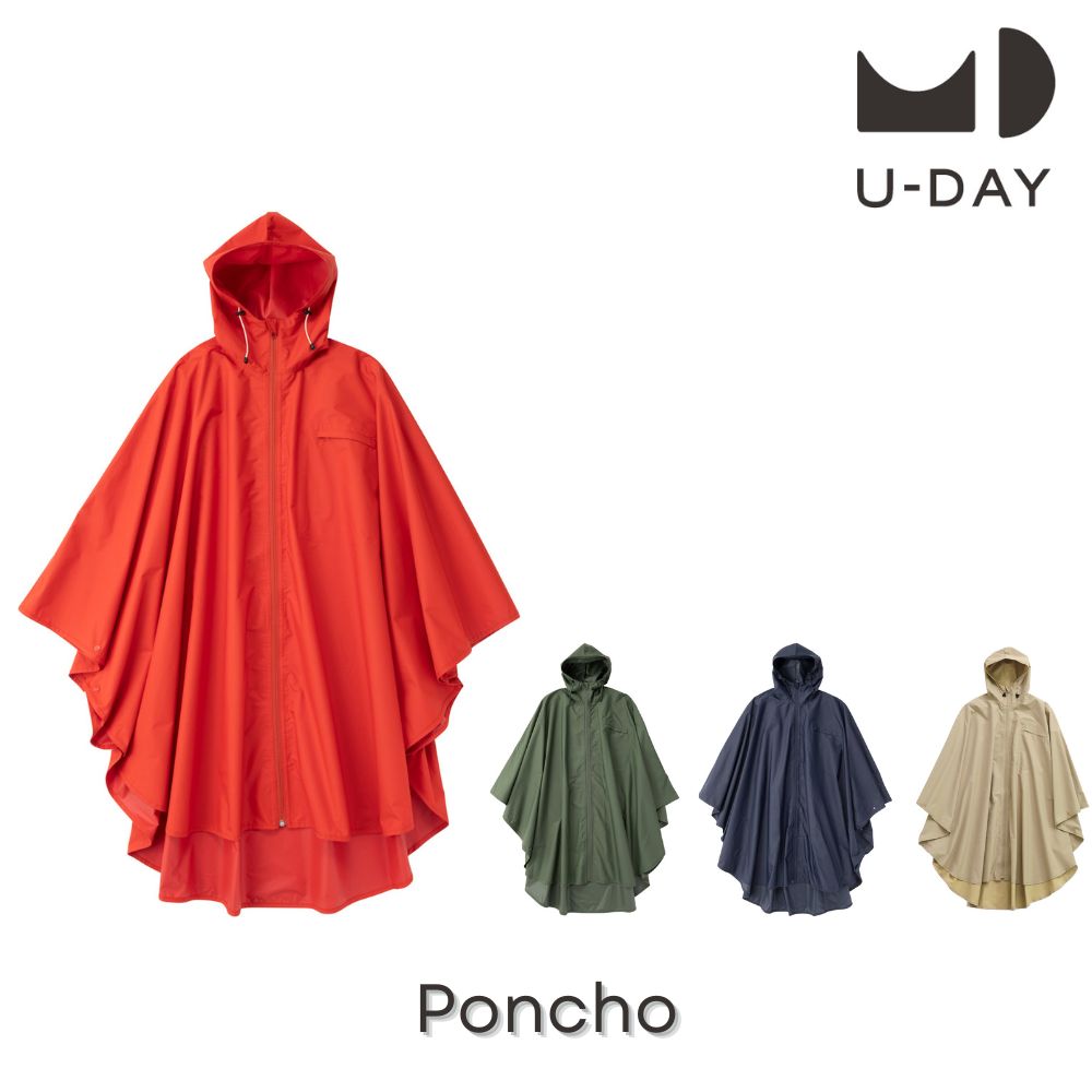 U-DAY Poncho ポンチョ レッド ネイビー カーキ ベージュ レインポンチョ 高機能 耐水圧2万mm レインコート レインウェア 収納ポーチ付き アウトドア ロング丈 レディース メンズ 男女兼用 ユーデイ ロング 防水 撥水 雨具 ポンチョ 透湿 おしゃれ ギフト プレゼント