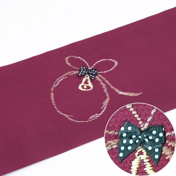 珍柄！未使用品　名古屋帯　二部式軽装帯 桜色　手描き　刺繍　猫　眼鏡　リボン 綿 珍柄！未使用品 名古屋帯 二部式軽装帯 桜色 手描き 刺繍 猫