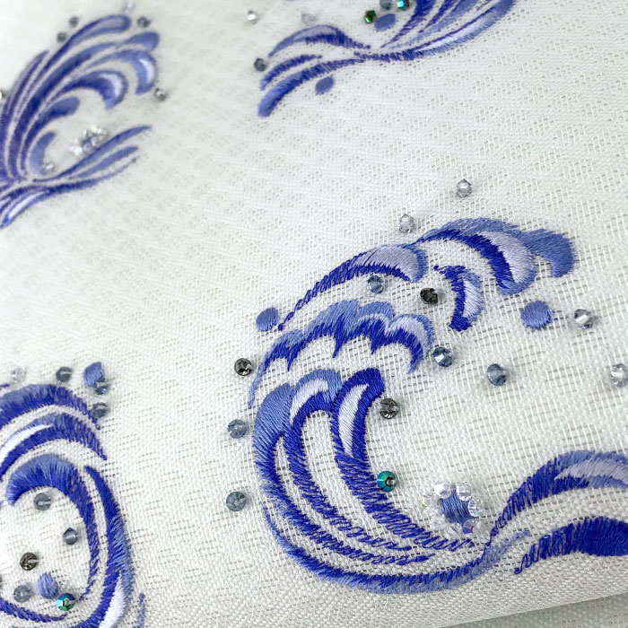 衿秀 公式 帯 名古屋帯 おび 九寸 仕立て上がり 月白色 波文様刺繍