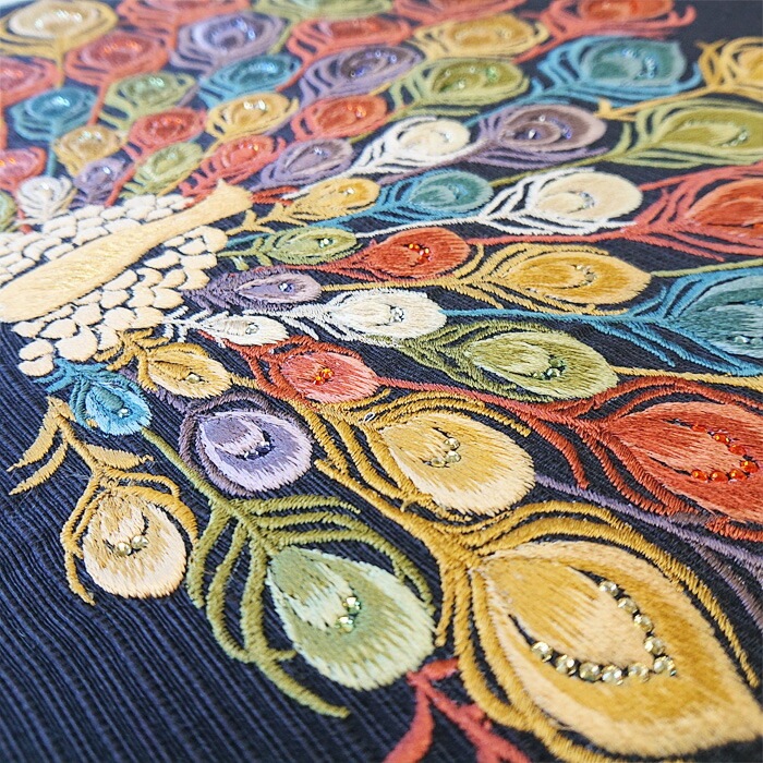 衿秀 公式 帯 名古屋帯 おび 九寸 仕立て上がり 孔雀 黒 刺繍
