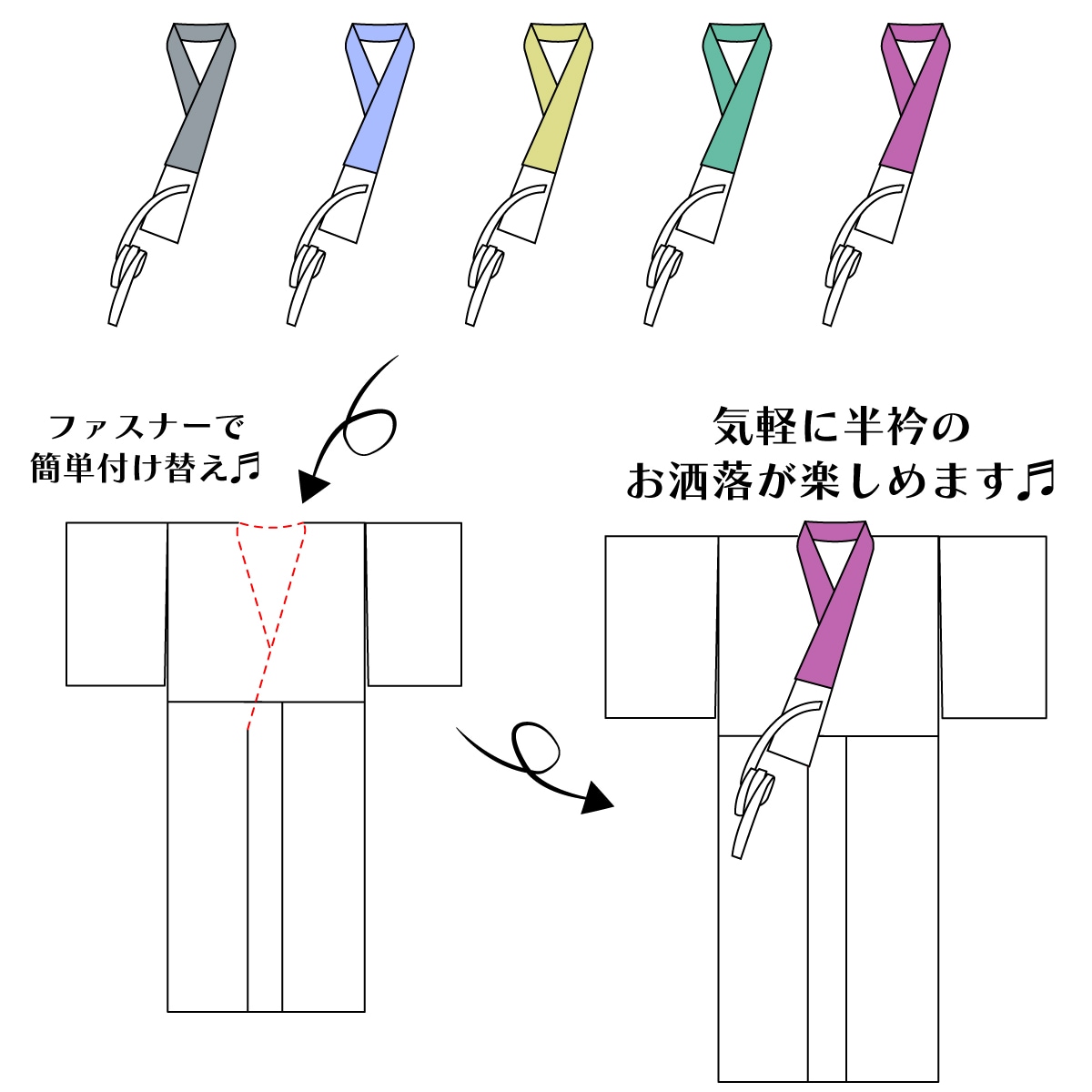 衿秀 「き楽っく」 M 替え袖付き 未使用 衿秀 公式 別注 き楽っく 替え袖 きらっく 加工 簡単着付け 替袖