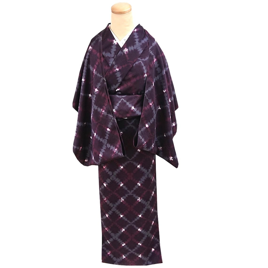 しつけ付き 板締め絞り 着物 袷 ブラウン×ピンク しつけ付き 袷 着物