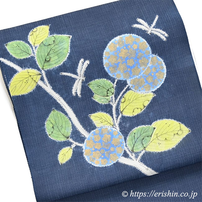 【お誂え】森健持　染名古屋帯（紫陽花に蜻蛉・辻ケ花/紬）[夏・単衣向]