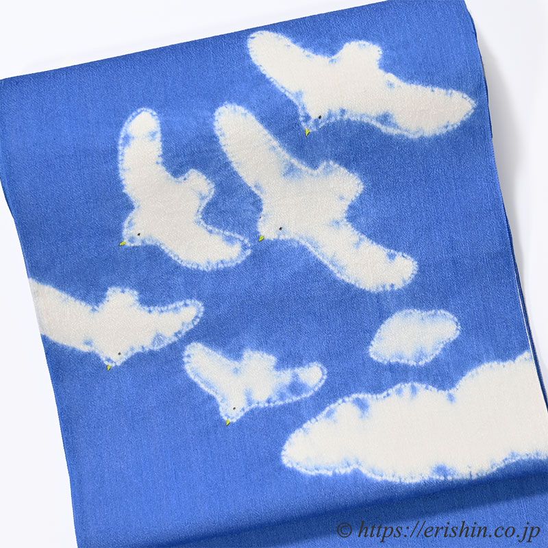 【お誂え】森健持　染名古屋帯（青空に飛ぶカモメ・辻ケ花/夏紬地）[夏・単衣向]