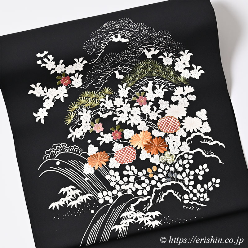 染名古屋帯(御所解き・流水に菊や松/塩瀬・黒地)