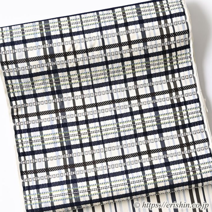 洛風林　九寸織名古屋帯（格子〔縞〕/白練地に焦げ茶色や勝色 等）