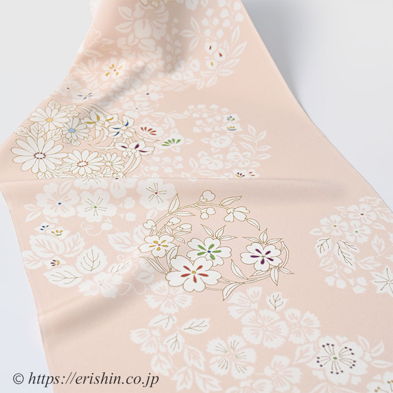 小紋（百花彩り花丸文/淡い鴇色）工芸キモノ 野口『着物・呉服えり新』
