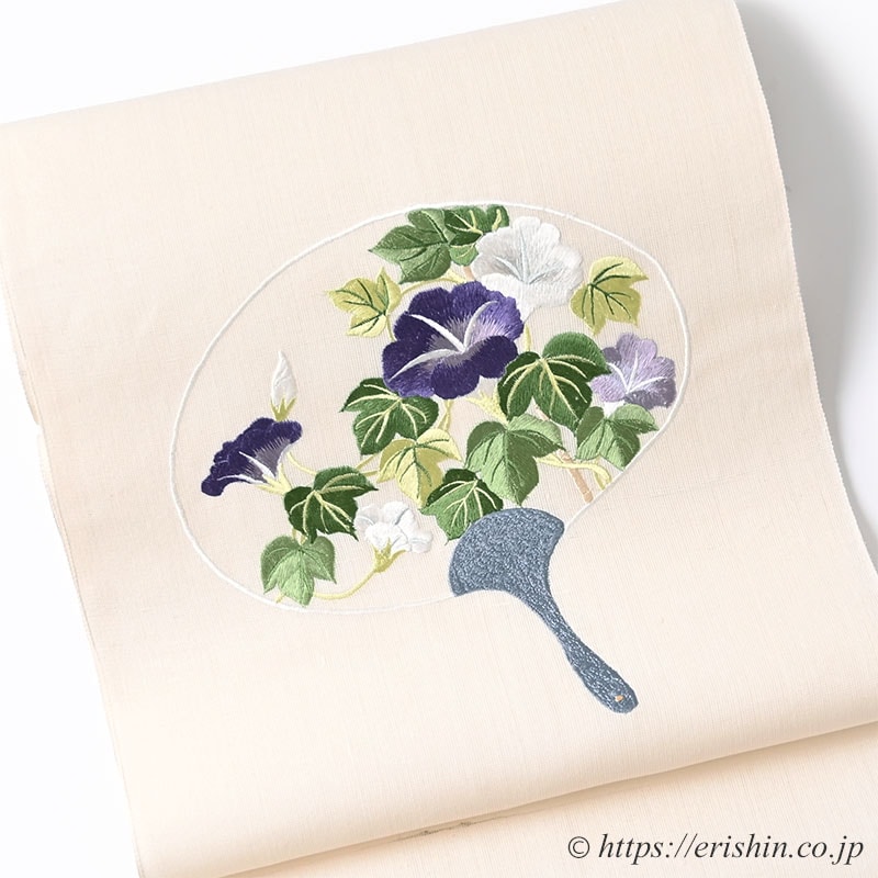 刺繍名古屋帯（団扇に朝顔/夏紬地）[夏・単衣向]