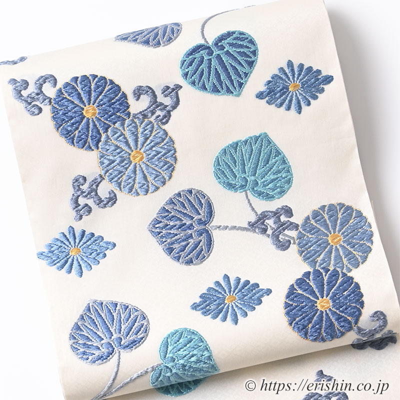 袋帯（菊葵文・唐織/白地に青藤色や青磁色）