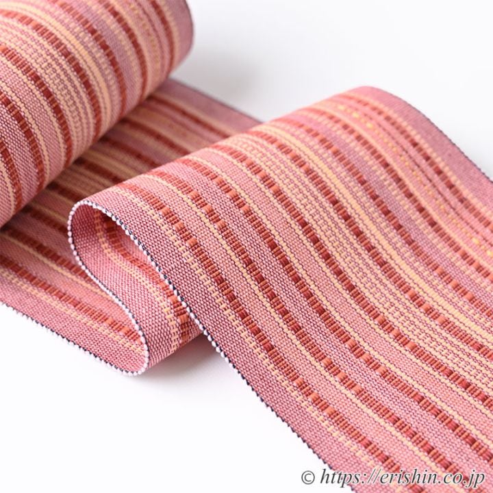 首里道屯織半幅帯（蘇芳色の濃淡に淡黄色）