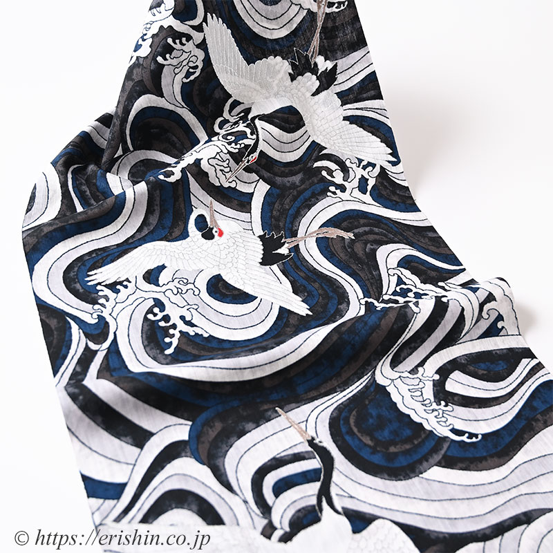 誉田屋源兵衛 浴衣（千年鶴乱舞/紺×茶・綿麻）広巾
