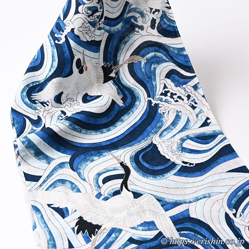 誉田屋源兵衛 浴衣（千年鶴乱舞/藍色・綿麻）広巾