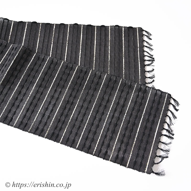 誉田屋源兵衛　半幅帯（芭蕉段織/墨黒・黒と銀の縞）