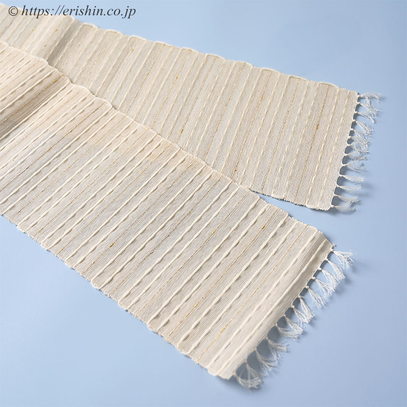 誉田屋源兵衛　半幅帯（芭蕉段織/生成色・白と金の縞）