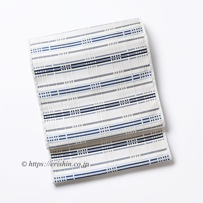 美術工芸 啓 九寸織名古屋帯(錦熨斗目/深縹色を中心に水色を添えて)「着物と帯・呉服えり新」