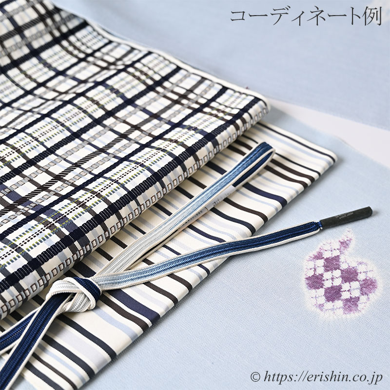 洛風林 九寸織名古屋帯（格子〔縞〕/白練地に焦げ茶色や勝色 等）洛風