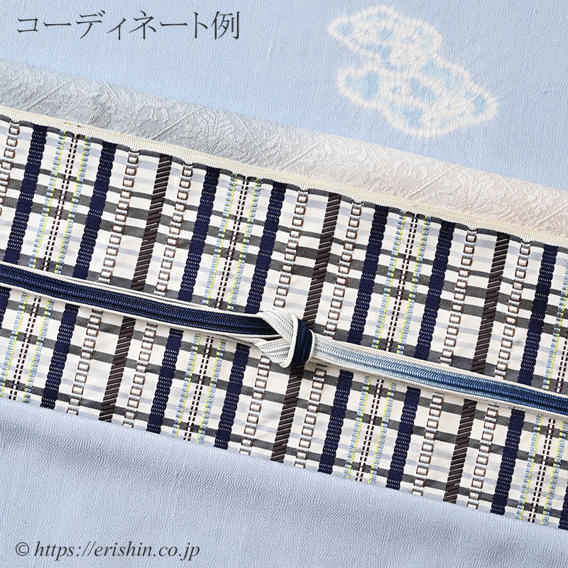洛風林 九寸織名古屋帯（格子〔縞〕/白練地に焦げ茶色や勝色 等）洛風