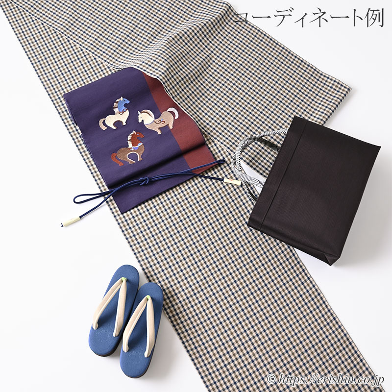 片貝木綿（ブラウンチェック）紺仁『着物・呉服えり新』