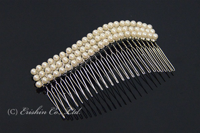コーム型かんざし(パール風三連・大) ☆再入荷しました。