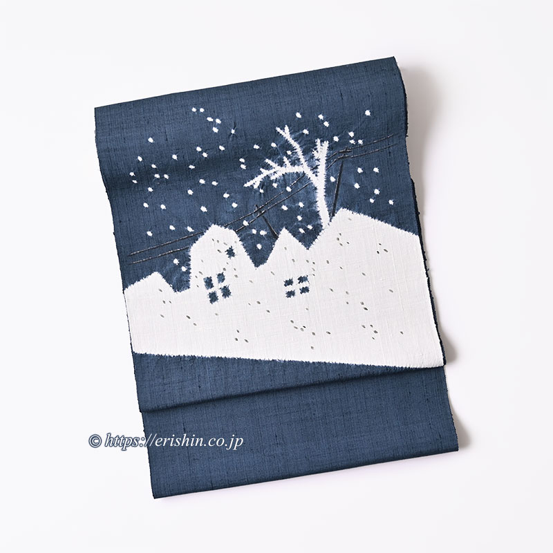 福ねこ様　M4610★着物淡雪★ 真綿紬　9寸名古屋帯　相良刺繍　螺旋に水玉 お誂え】森健持 染名古屋帯（吹雪・辻ケ花/紬地）森健持『着物・呉服