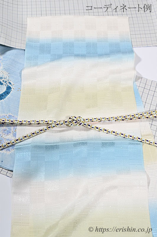 帯揚げ(三色段 石畳文/淡い露草色×薄柳色×胡粉色)