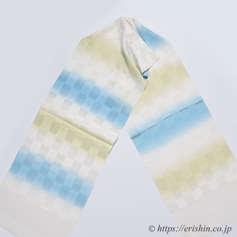 帯揚げ(三色段 石畳文/淡い露草色×薄柳色×胡粉色)