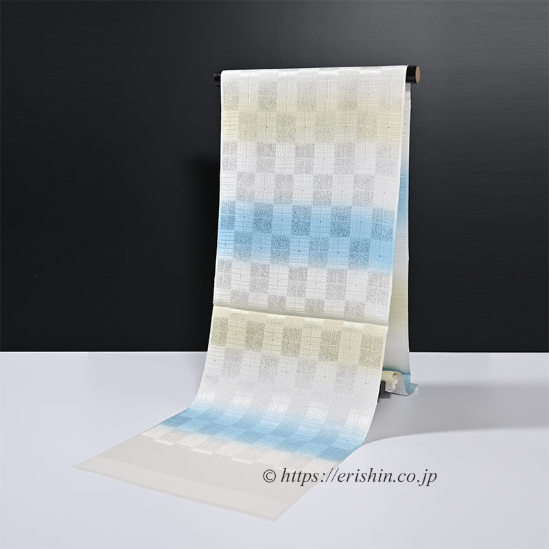 帯揚げ(三色段 石畳文/淡い露草色×薄柳色×胡粉色)