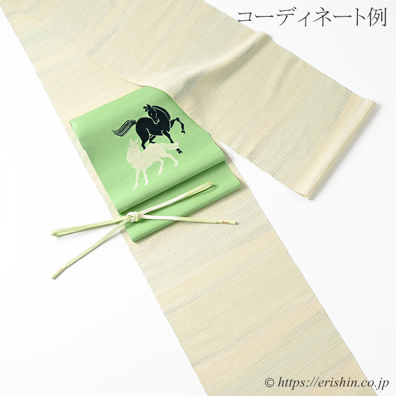 下井伸彦 下井紬/花織入朧緯縞（淡い亜麻色に深縹をアクセントに）下井