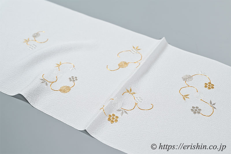 帯揚げ(天神唐草・白金刺繍/白地・縮緬)