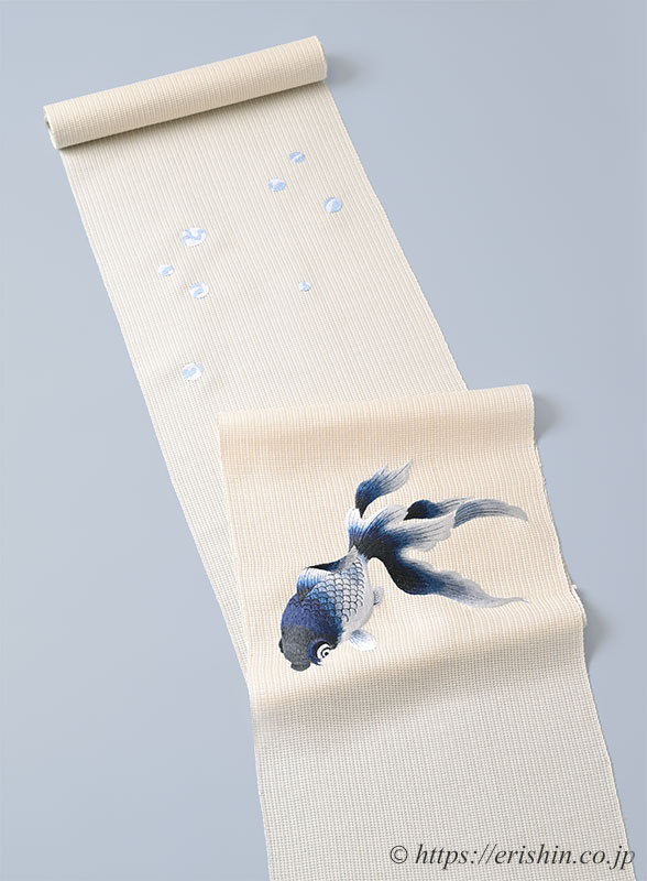 誉田屋源兵衛 刺繍九寸名古屋帯（金魚/淡い鳥の子色地に藍・小格子紗