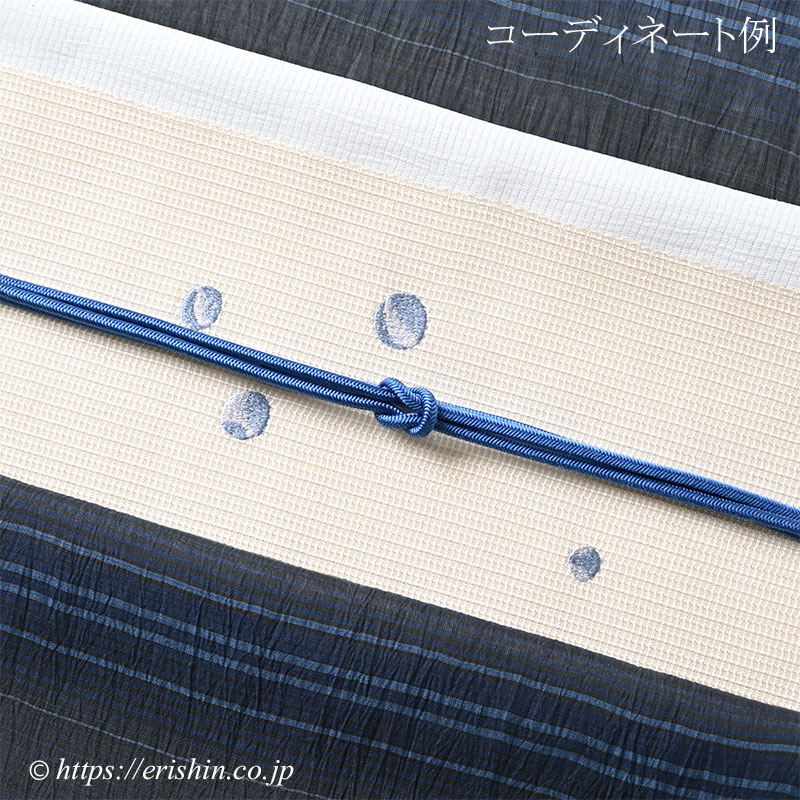 誉田屋源兵衛 刺繍九寸名古屋帯（金魚/淡い鳥の子色地に藍・小格子紗