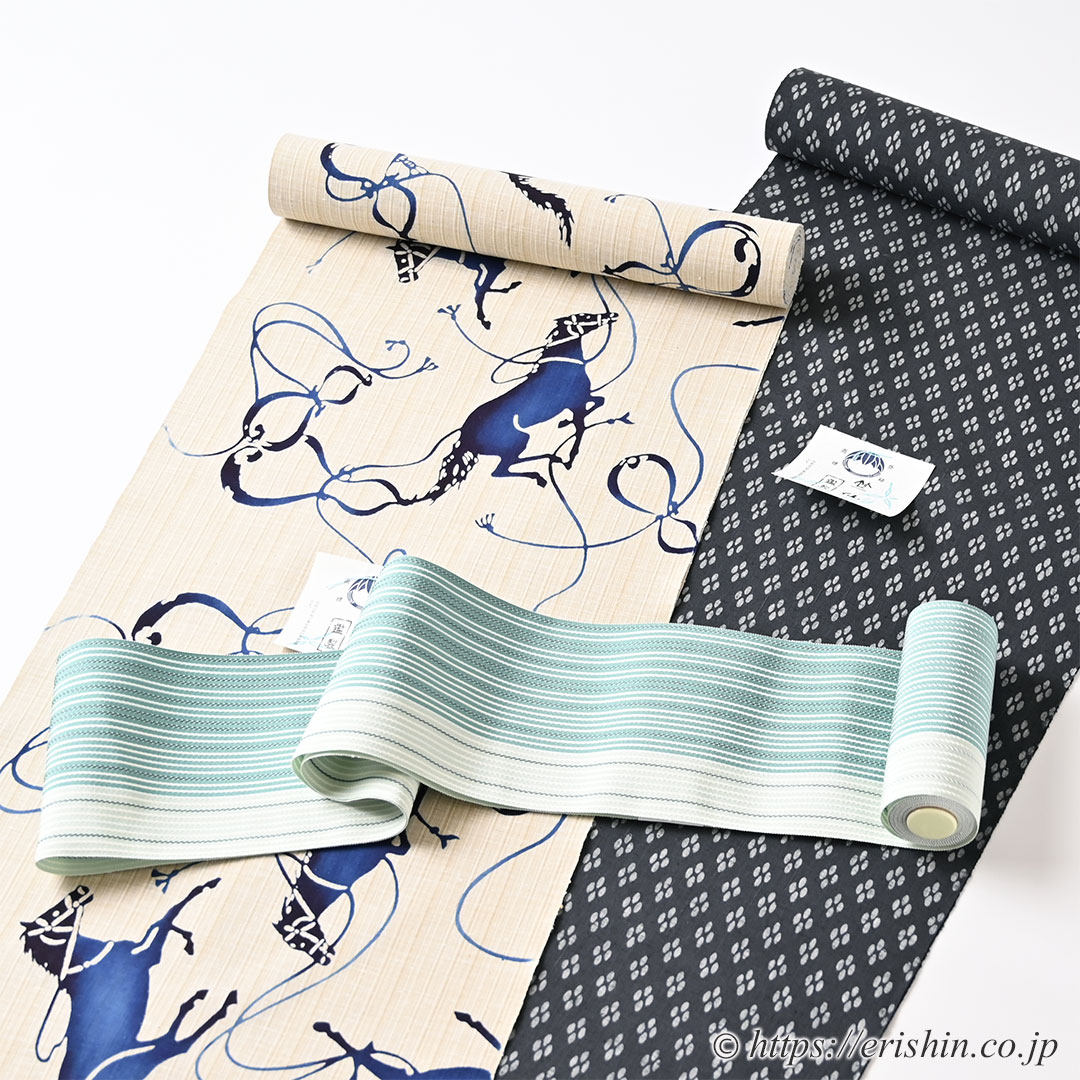 博多半幅帯（麻絹/緑青色に千草鼠の縞）西村織物『着物・呉服えり新』